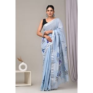 Linen Cotton Saree with Beautiful Silver Zari Border - KC180208