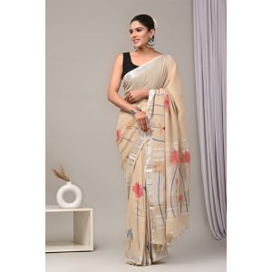 Linen Cotton Saree with Beautiful Silver Zari Border - KC180211