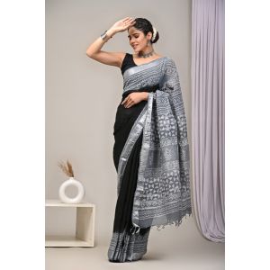 Linen Cotton Saree with Beautiful Silver Zari Border - KC180213