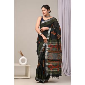 Linen Cotton Saree with Beautiful Silver Zari Border - KC180225