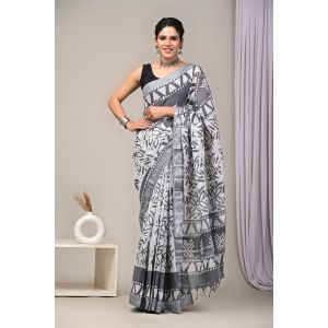 Linen Cotton Saree with Beautiful Silver Zari Border - KC180228