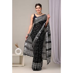 Linen Cotton Saree with Beautiful Silver Zari Border - KC180236