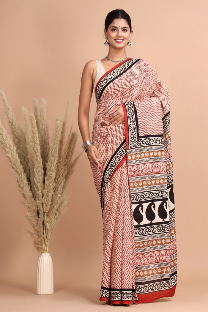 Handloom Chanderi Bagru Block Printed Saree-Beige