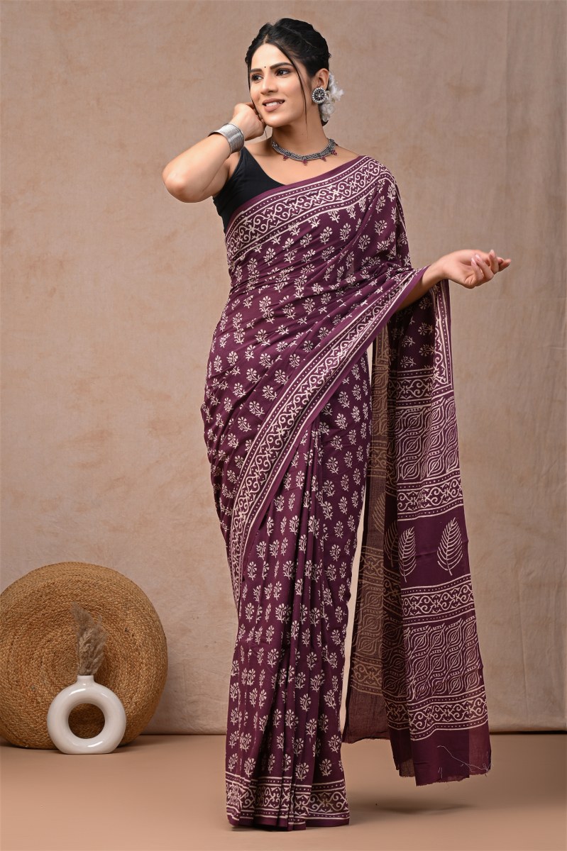 Beautiful Hand Block Printed Malmal Cotton Saree with Blouse