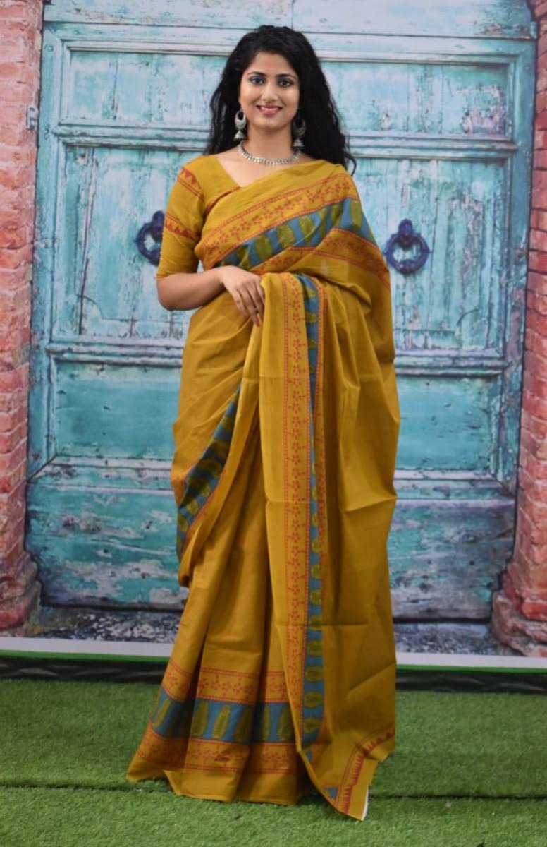 Embroidered South Cotton Saree in Beige : SUTA136