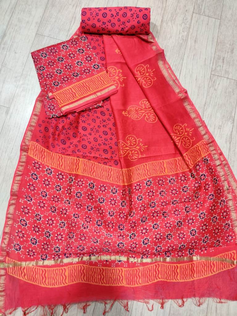 Magenta Chanderi Silk Cotton Dress Material with Dabu Prints – Sharvari's